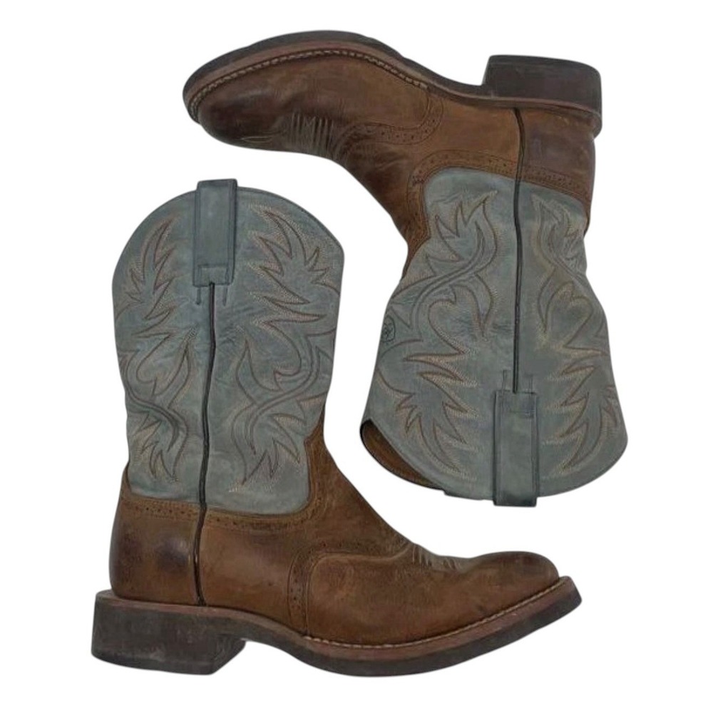 Ariat Sport Wide Square Toe Cowboy Boots Brown Blue Mens 11 EE Leather